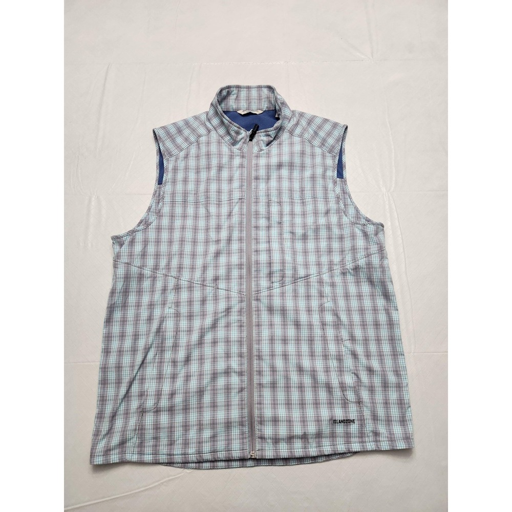 Tommy Bahama IslandZone Vest Mens Medium Blue Gray Plaid Full Zip Lightweight